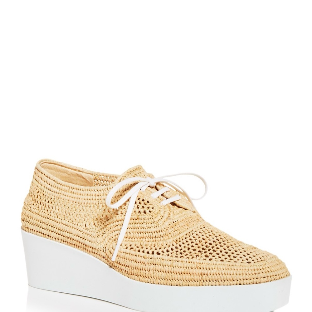Robert Clergerie Tan and White Rafia platform wedge sneaker EUC 37/7 free ship
